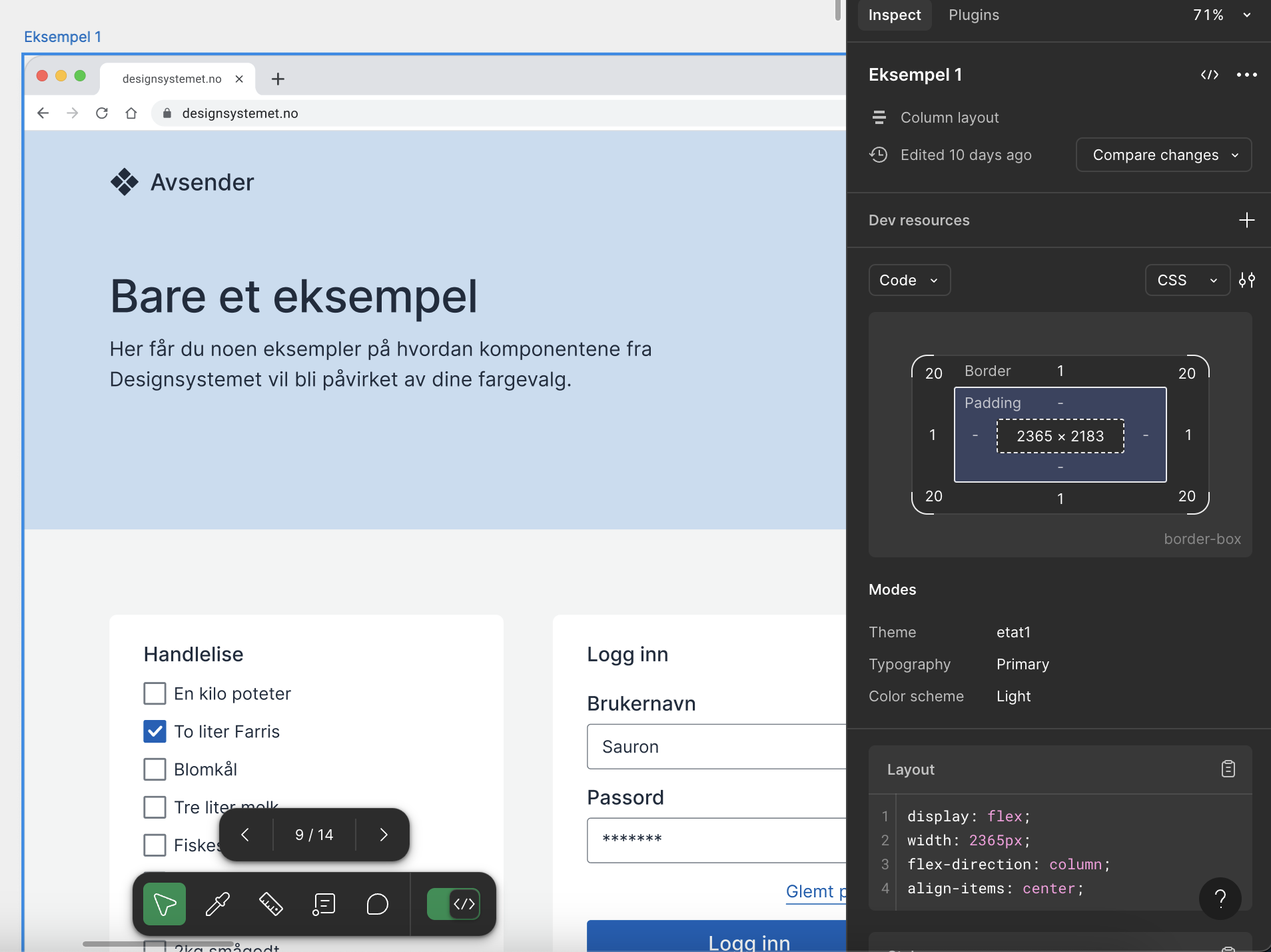 Skjermbildet viser hvordan modes ser ut i figma i dev-mode når hele framen er valgt